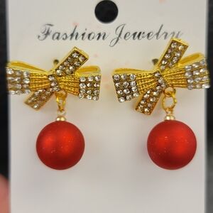 Cute Christmas/Holiday Balls w/Rhinestone Bows Dangle Earrings